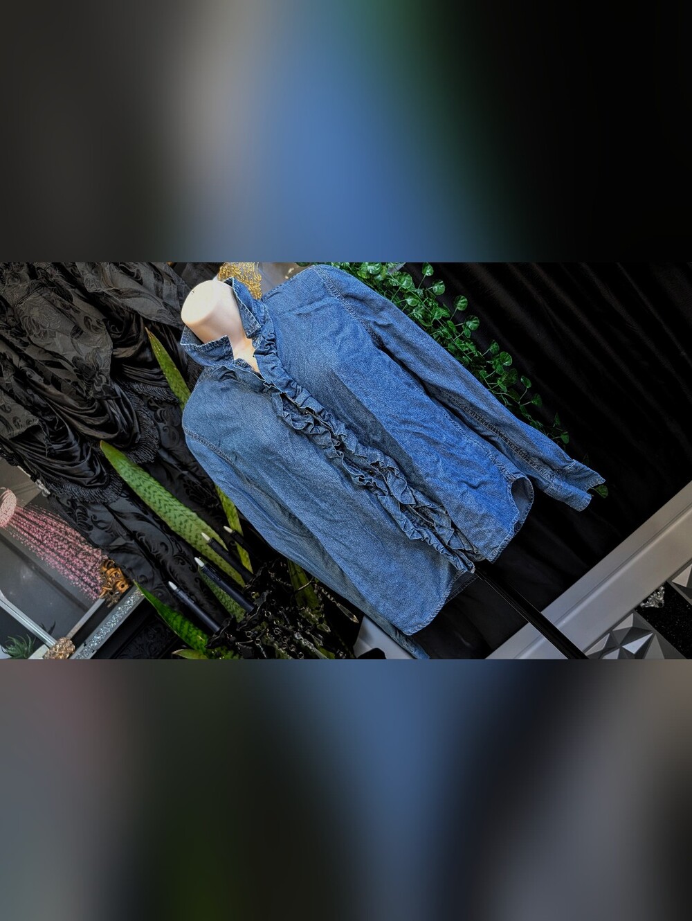 Express Ruffle Denim Button Blouse XS - Picture 2 of 8